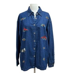 Company One Denim Shirt With Embroidered Cardinals, Holly, & Chickadees Size 1X